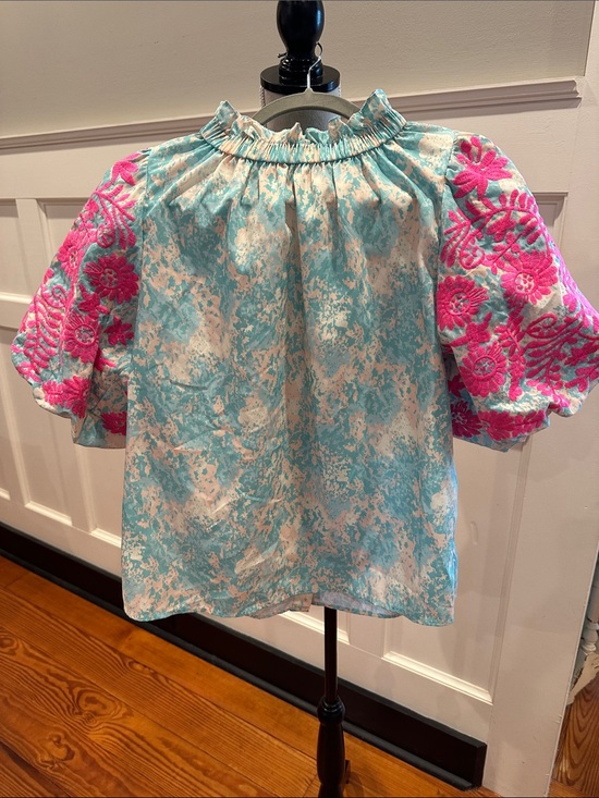 THML Tops - THML Aqua Tie-Dye Puff Sleeve Blouse with Pink Floral Embroidery